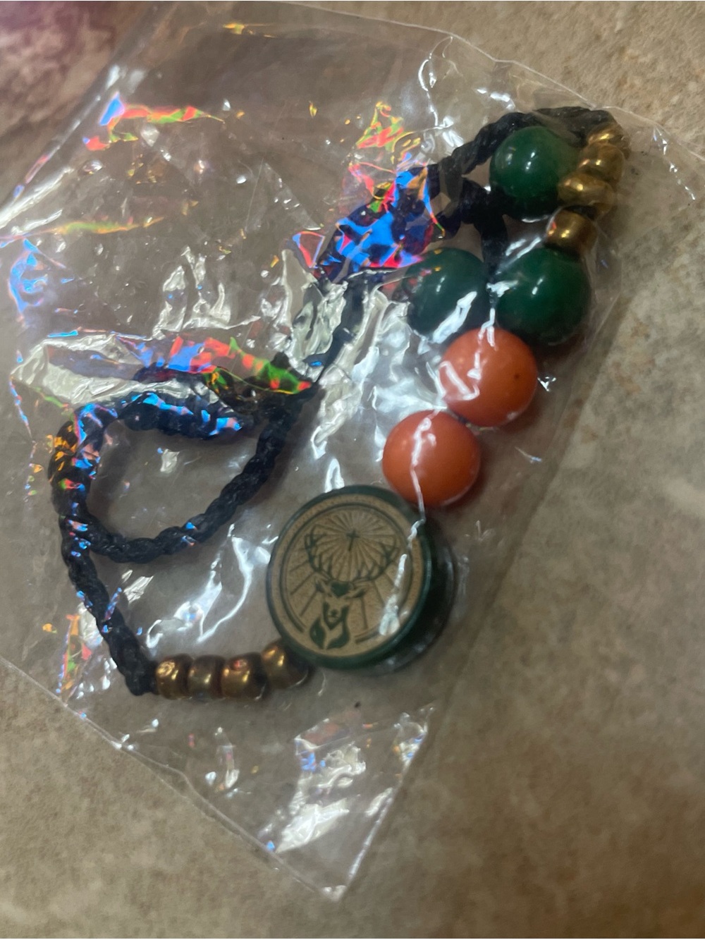 Jagermeister Bead Bracelet - Deer Head Logo - Orange, Gold & Green Beads - NEW